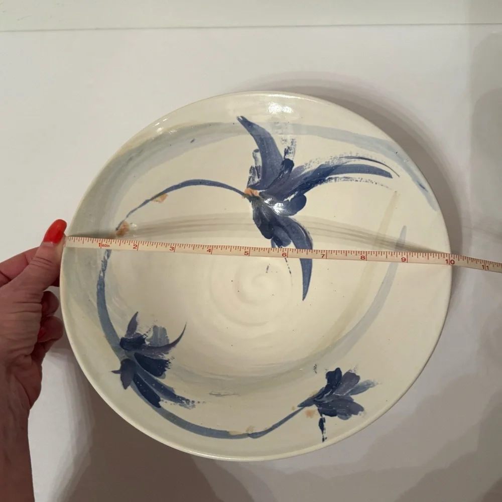 BOWL ASIAN STYLE TRANQUILITY FLORAL WHITE BLUE POTTERY SIGNED HANDMADE